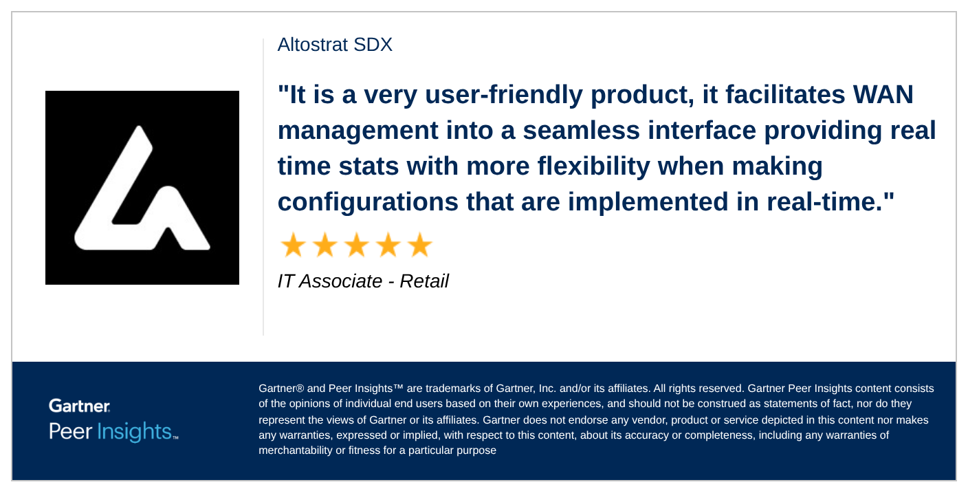 IT Associate in the Retail Industry gives Altostrat SDX 5/5 Rating in Gartner Peer Insights™ SD-WAN Market.